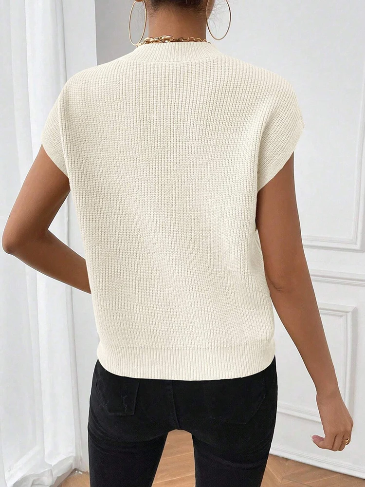Haut rayé noir et blanc à col rond pour femme, pull tricoté à manches courtes, style vacances, à la mode