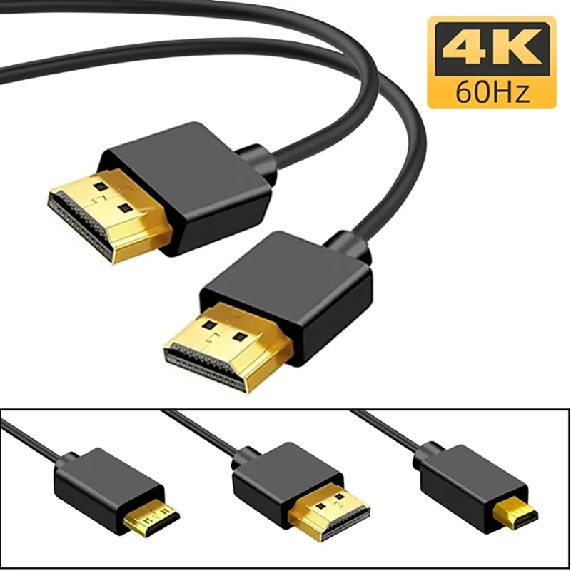 

Portable UHD Cable 2.0 4K@60Hz 19+1Core OD3.2mm Ultra-thin Mini/Micro HDMI-compatible Cord for PC Camera DV Tablet HDTV Monitor
