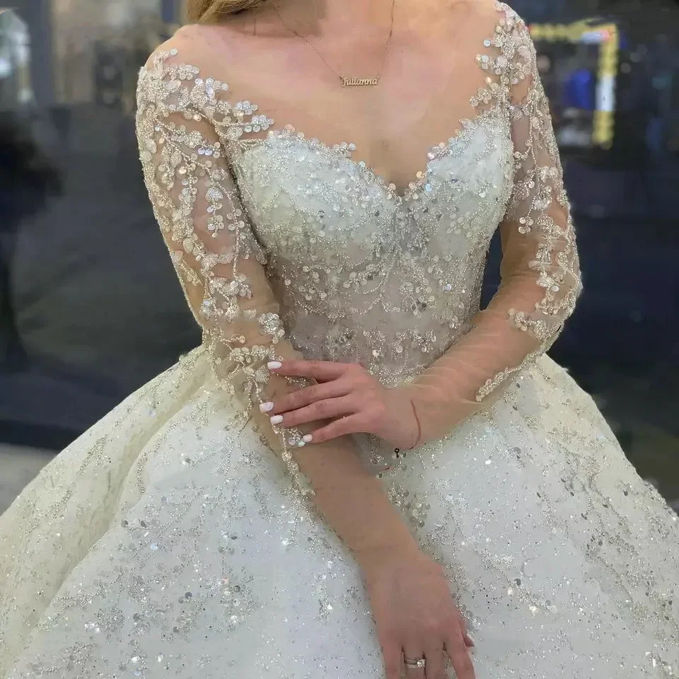 AngepasstSparkly Perlen Brautkleid Lange Ärmel Vestido De Noiva Lace Up Hochzeitskleid Pageant Perlen Brautkleider