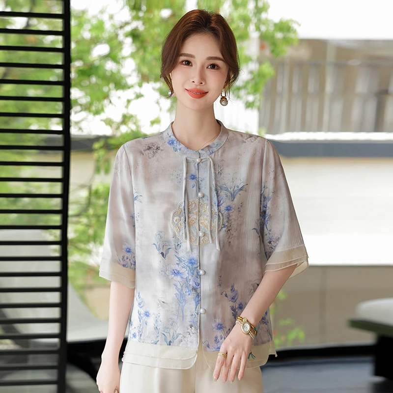 

New Chinese Sle Summer Outfit Cotton Linen Loose ort Sve irt for Middle-Aged And ly Women Faionable Tradition...