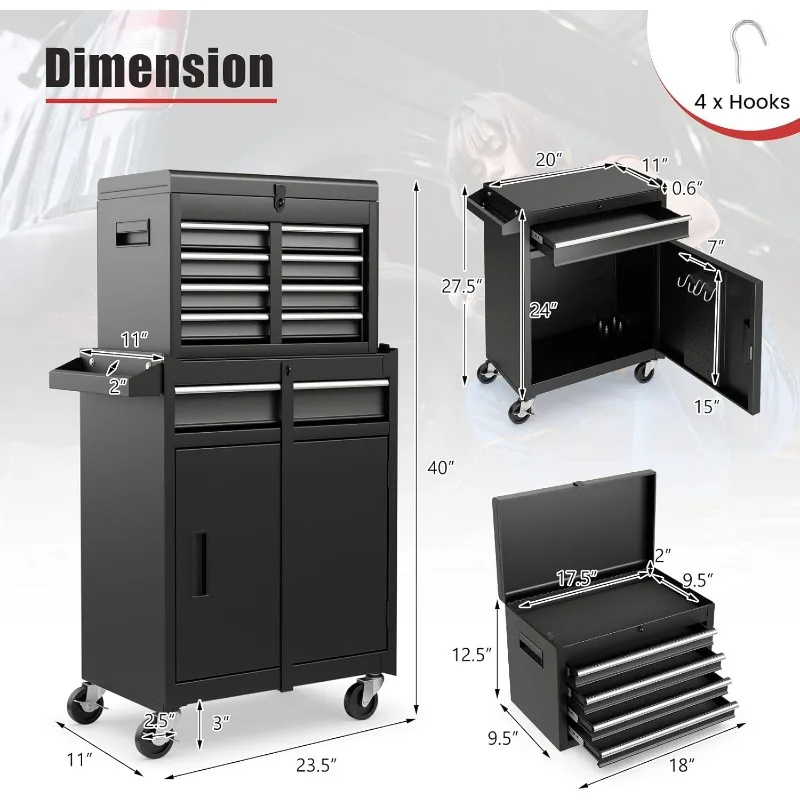 Rolling Tool Box,5 Drawer Lockable Tool Cabinet with Adjustable Shelves and 4 Universal Casters2 in 1 Removable Tool Box Storage