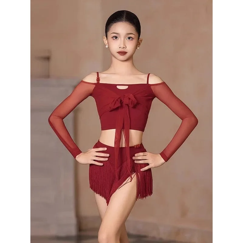 

2026 Summer Latin Dance Set Professional Dress for Girls Red Latin Dance Clothing Kids Samba Chacha Salsa Latin Dance Costumes