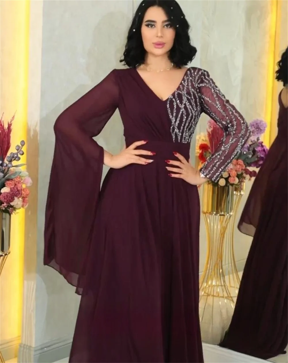 Customized es High Quality Exquisite V-neck A-line Sequins Chiffon Formal Occasion Gown luxury dubai evening drs فستان حفلات ا
