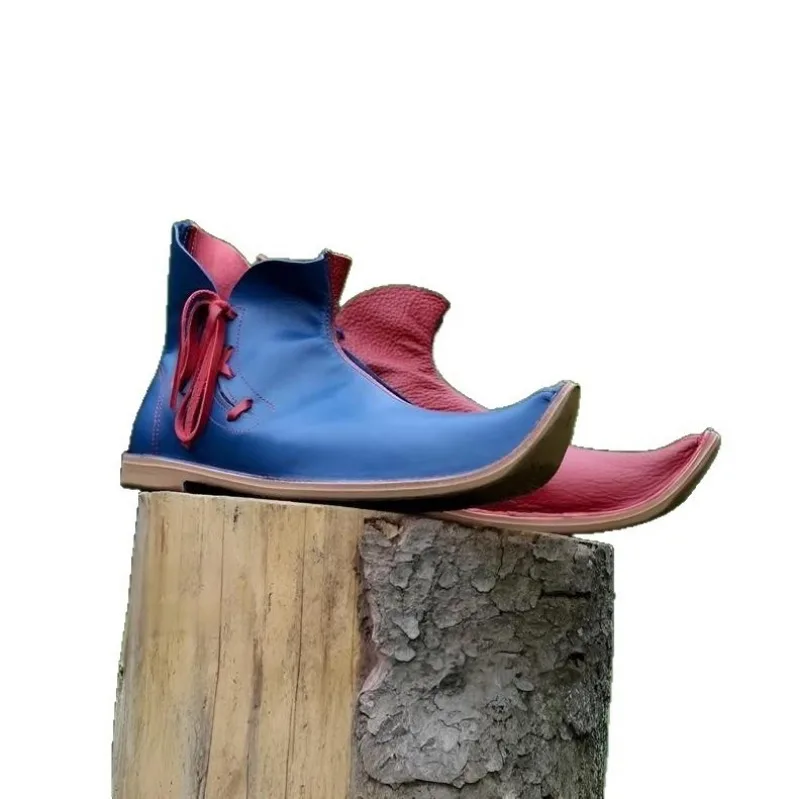 Vintage 14 Century Medieval Fool Jester Shoes Two Color Splicing Pointed Toe Retro Renaissance Larp Cosplay Shoes