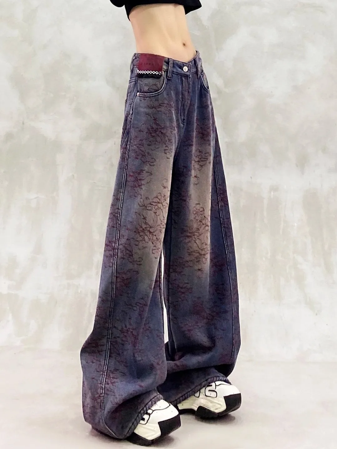 

Джинсы с высокой талией и широкими штанинами в стиле ретро с принтом, повседневные, с лоскутным дизайном в полоску, эффект стройности, осенняя новинка