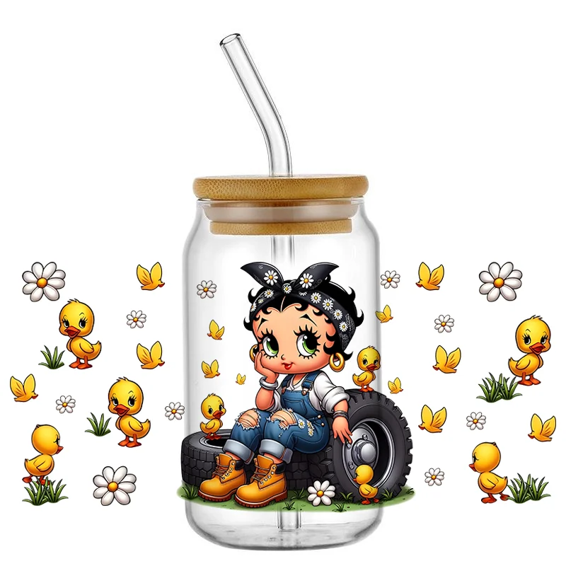 Miniso لطيف فتاة حديثة 16 أوقية UV DTF كأس التفاف نقل ملصقات تزيين أكواب البيرة يمكن زجاجة مخصصة Craft بها بنفسك الحرفية #5