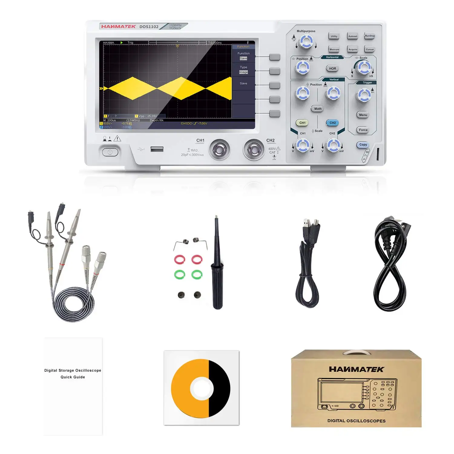 Hanmatek DOS1102 Digital oscilloscope with 2 Channels and Screen 7 inch / 18 cm