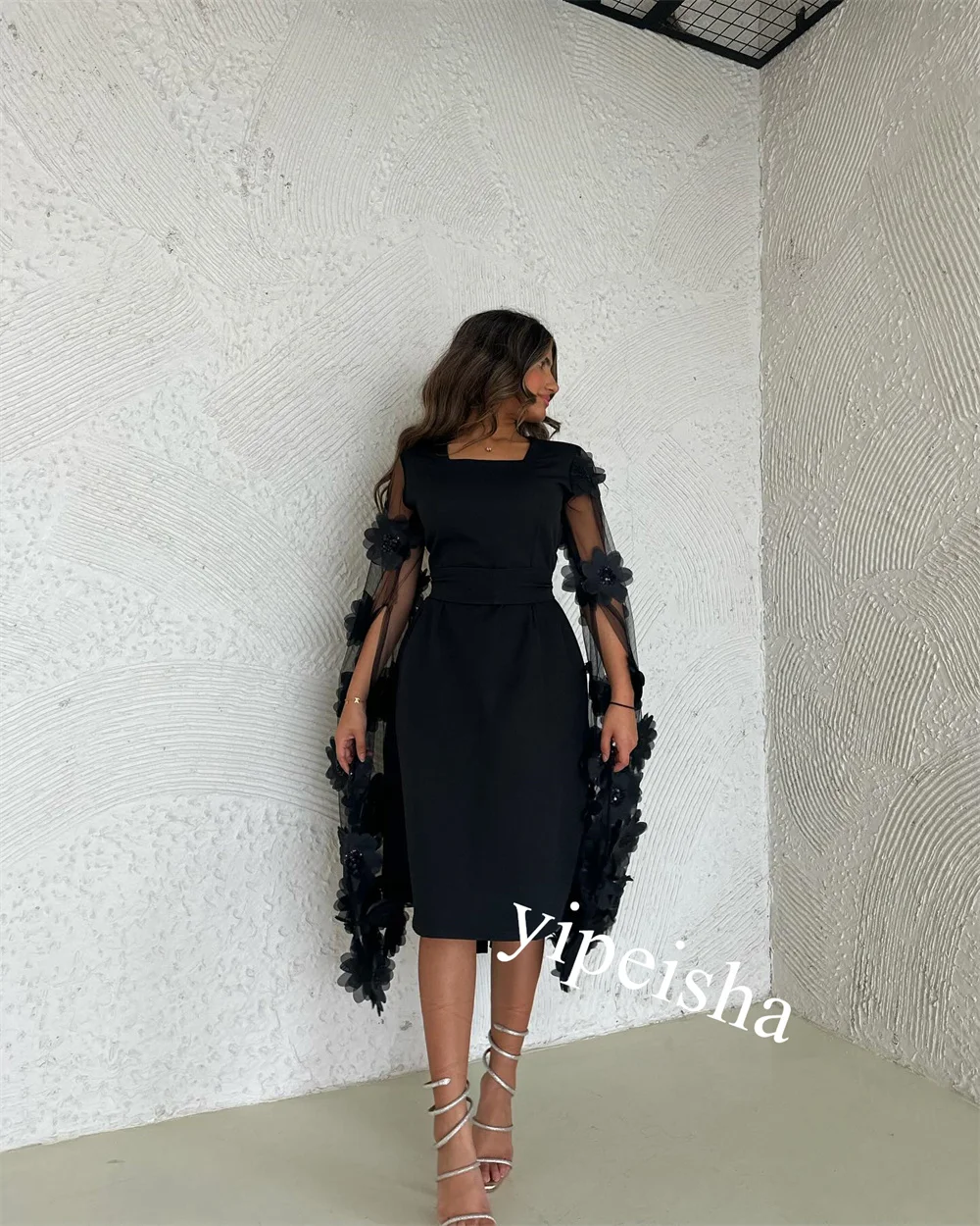 Jiayigong-Robe trapèze en jersey avec appliques, longueur au genou, tenue d'anniversaire, encolure carrée, occasion sur mesure