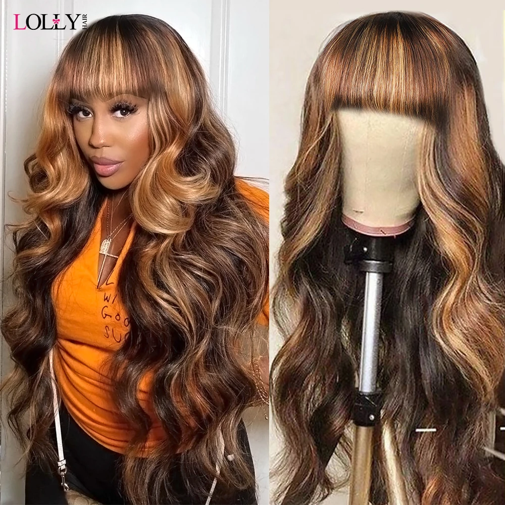 Highlight Wig Human Hair Body Wave Wig 4/27 Honey Blonde Brown Wig With Bangs Human Hair Wigs For Women Brazilian Remy Hair Wigs