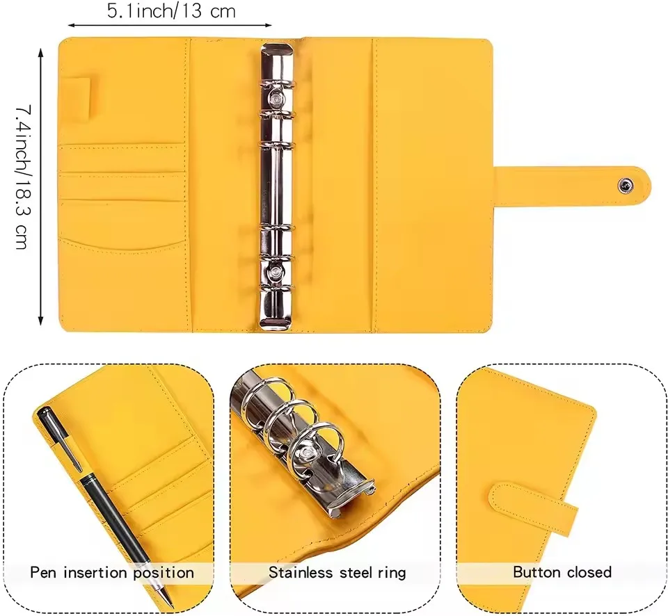 A6 PU Leather Notebook Binder Planner Organizer Budget Cash Envelope System with Binder Zipper Pocket,Colorful Category Labels