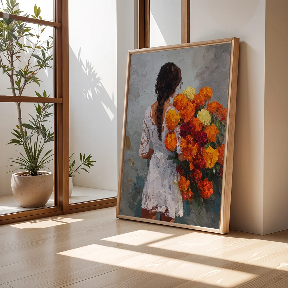 Oil Painting Style Lady Holding Bouquet Canvas Poster,2D Print Wall Decor,Aesthetic Autumn Home Gift For Living Room Bedroom