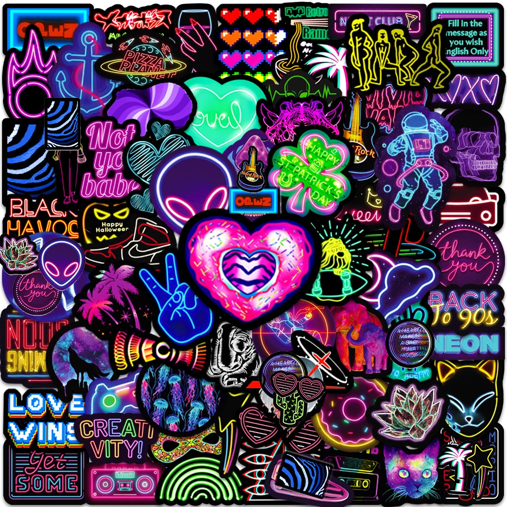 10/30/50/100pcs Creative Neon Light Stickers Cool Cartoon Decals DIY Laptop Journal Notebook Reward Aesthetics Graffiti Sticker