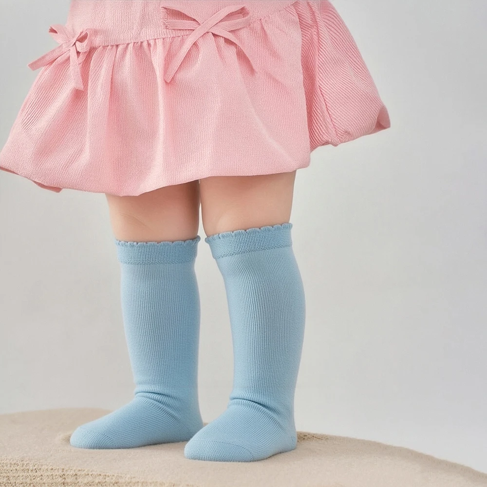 New Kids Knee High Socks Baby Girls Boys Flat Long Sock Soft Cotton Solid Color Children Stockings For 0-7 Years