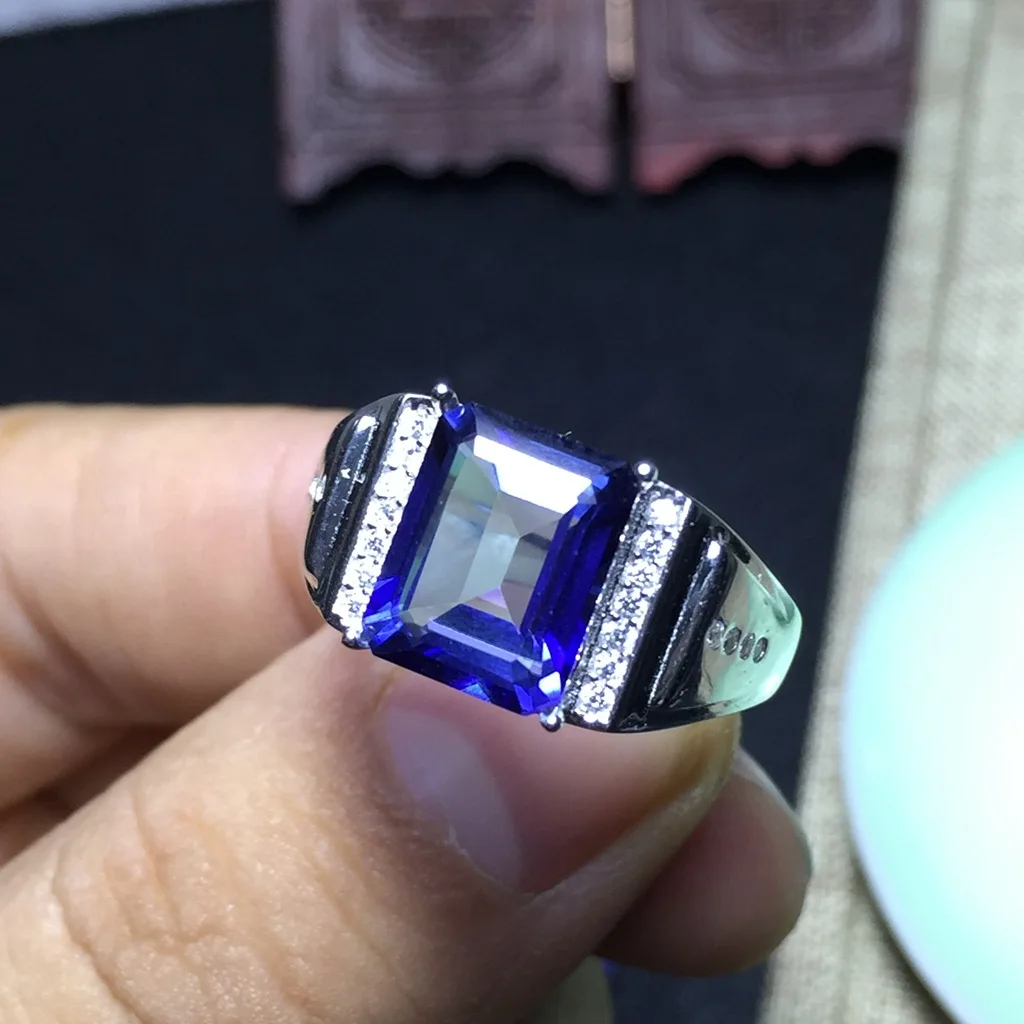 

BOCAI New Real s925 Silver Jewelry Inlaid with Blue Topaz Man Ring Fashionable and Simple Hollow Valentine's Day Gift