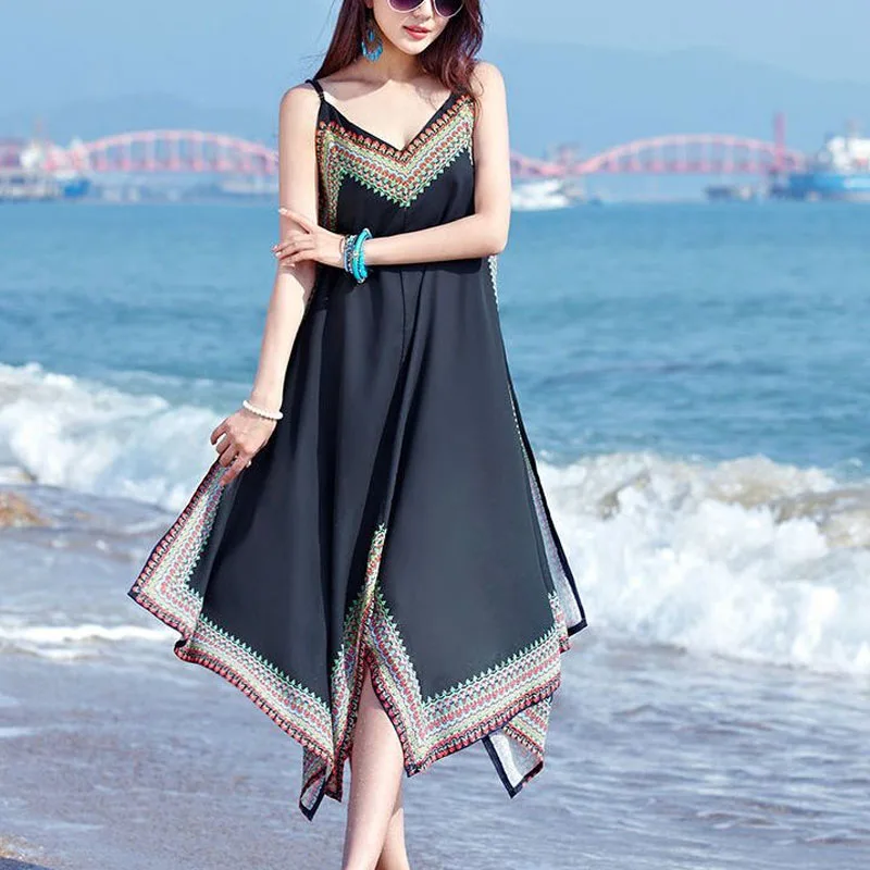 

Bohemia Long Skirt Seaside Vacation Sand Black Casual Printing Sling V-neck Asymmetrical Sleeveless Loose Refreshing Slip Dress