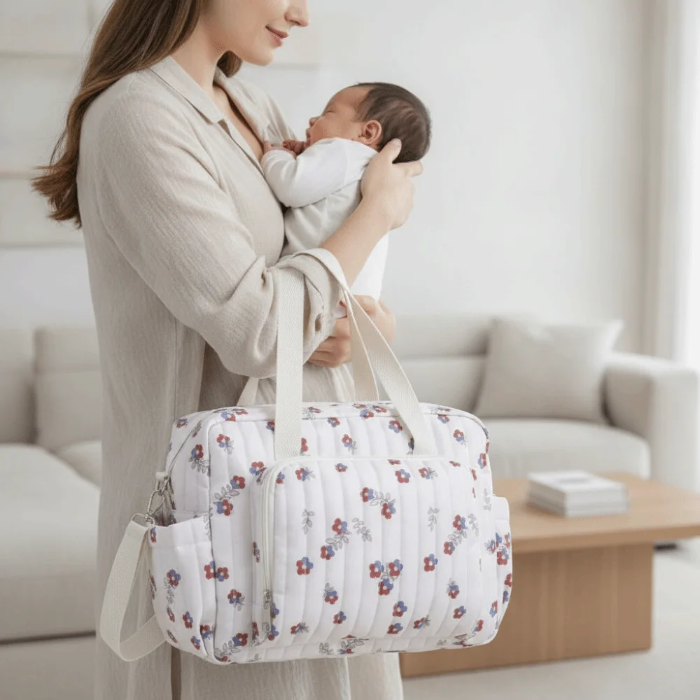 Durable Cartoon Diaper Organizer Large Capacity Lightweight Cotton Handbag Soft-touch Cotton Stroller Hanging Pack Parents