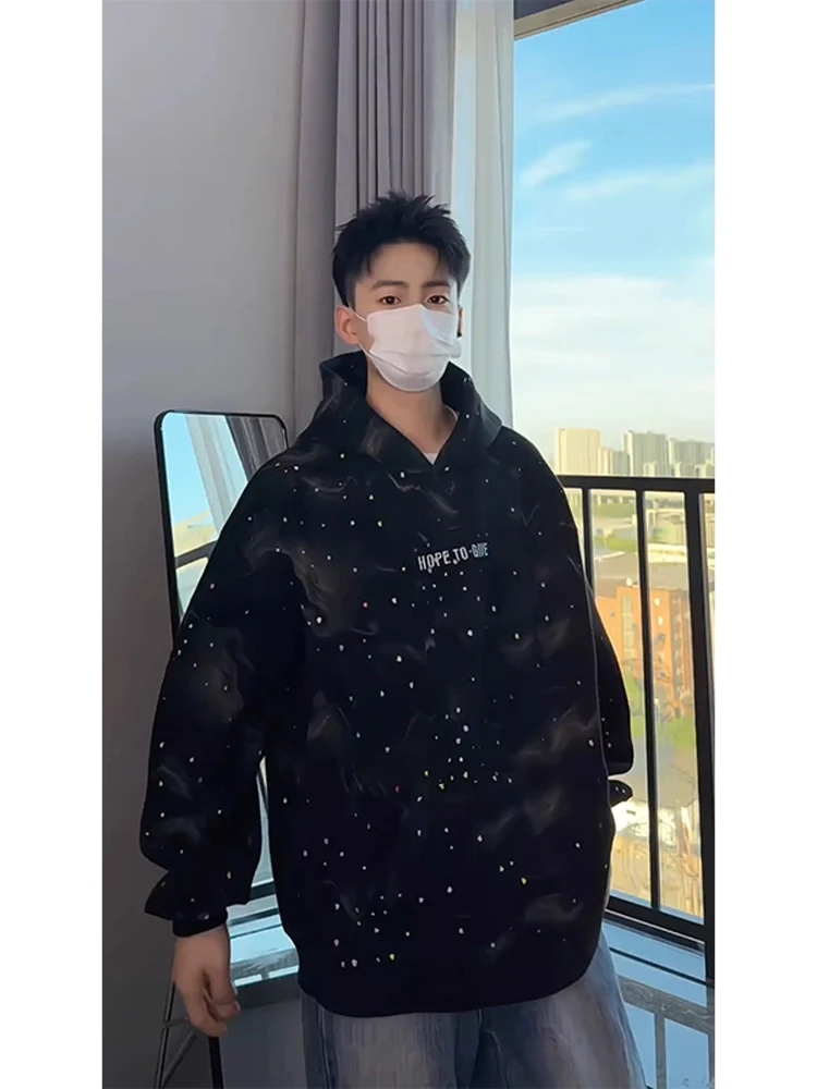 

American Sle Heavyweight 600g Dyed Hoodie Men's Design Star Pattern Broken ape Couple Jaet Trendy Long Sve Sweatirt