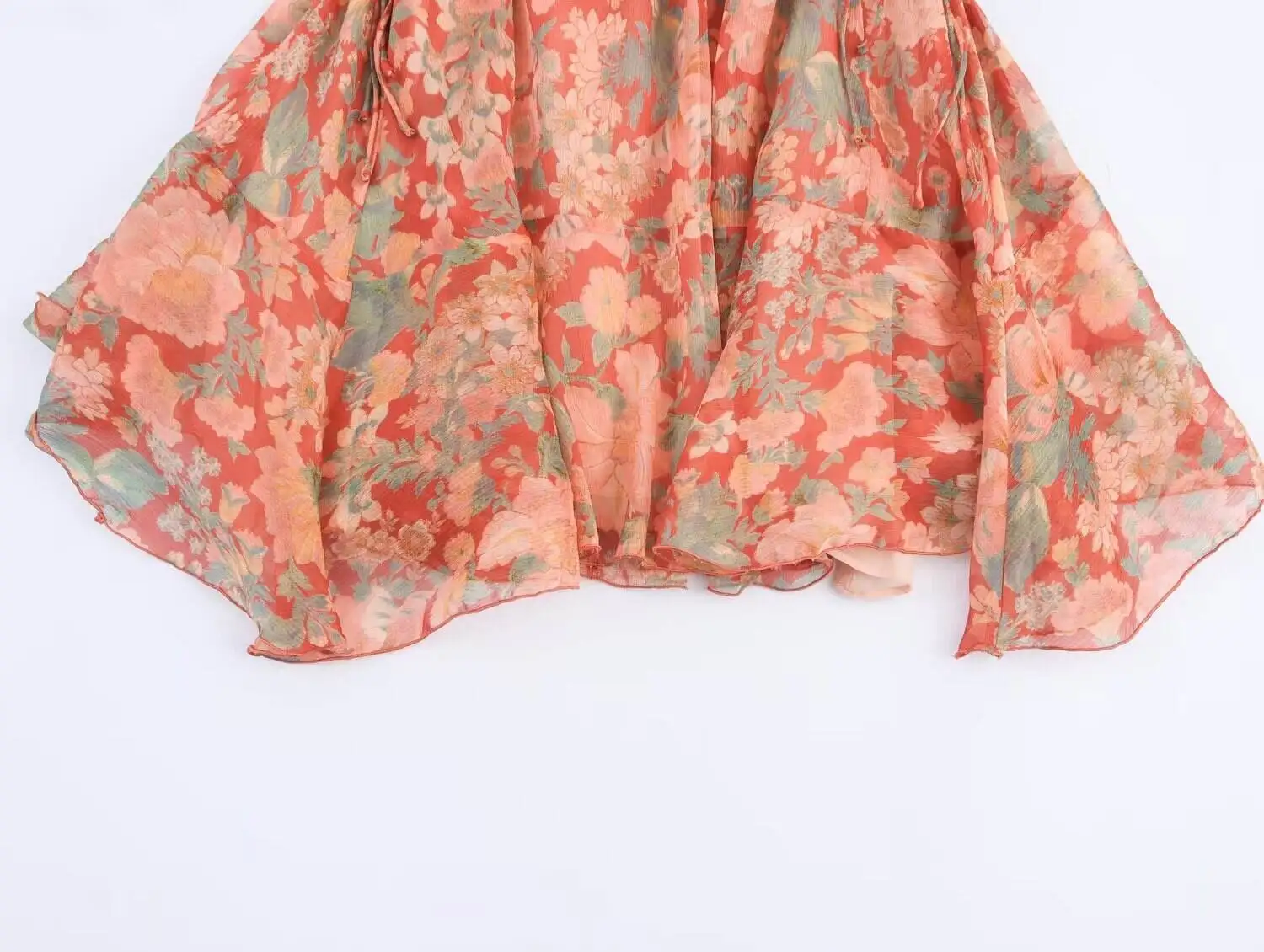 Maxdutti French Country Style Floral Chiffon Dress V-Neck Pleated Mini Dress For Women Auttumn Long Sleeve Party Dresses Vestido