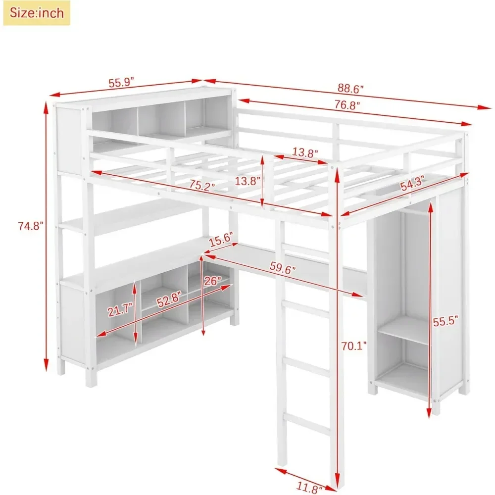 Bunk Beds Full Size Loft Bed with L Shaped Desk and Wardrobe, Heavy Duty Loft Bed with Storage Cubes and Shelves, Loft Bed