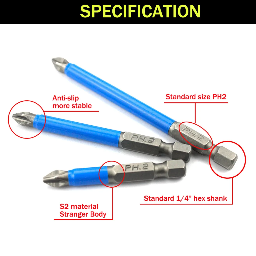 Cabeça de lote magnético antiderrapante Cruz, alta dureza, precisão chave de fenda Dicas, Ph2 Mini Bits Set, 25mm, 50mm, 65mm, 70mm, 90mm, 127mm,