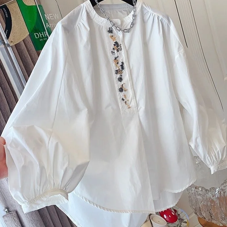 

Extra Large 300 Pounds New Chinese Style Beaded Lantern Sleeve Shirt Loose Doll Top Spring Autumn Unisex Breathable Casual Shirt