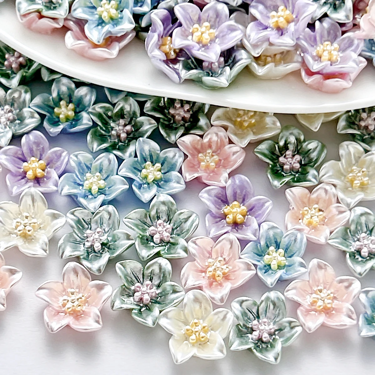 50PCS Gradient Colored Sweet Blossoms Series Nail Art Decorations 3D Creative Simulated Glossy Five-petal Flower Nail Charms DIY