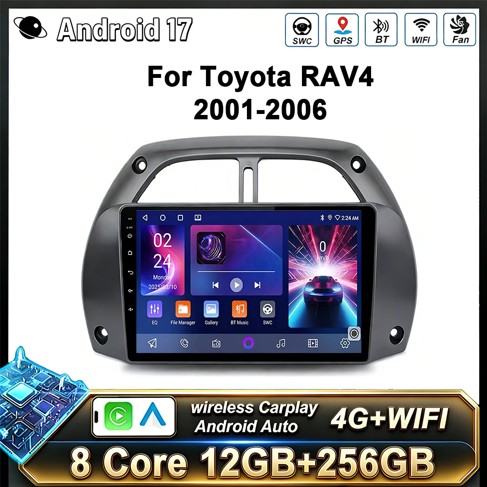 Radio con Pantalla Android 17 para Auto, CarPlay para Toyota RAV4 2001-2006, Reproductor Multimedia para Auto con Wifi 4G, Estéreo, GPS, 2 Din, DSP