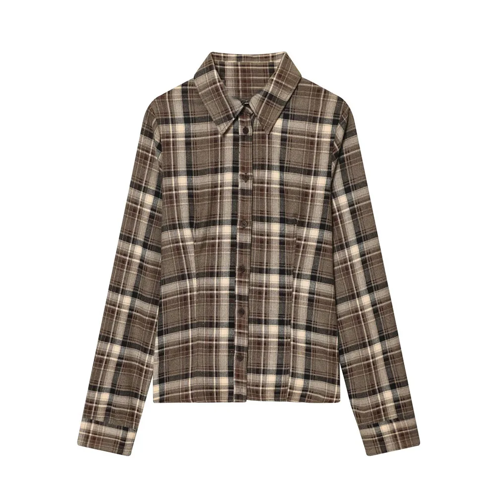 DiYiG WOMAN 2025 Winter New Fashion Plaid Print Shirt Retro Long Sleeve All-match Lapel Button-down Waist Top Blouses Mujer