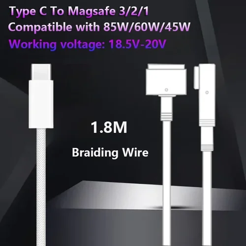 Imagen 2 del producto Cable de carga rápida tipo C (USB-C) a Magsafe1 y 2 cabezales magnéticos L/T para portátiles MacBook Air/Pro, conectores usb