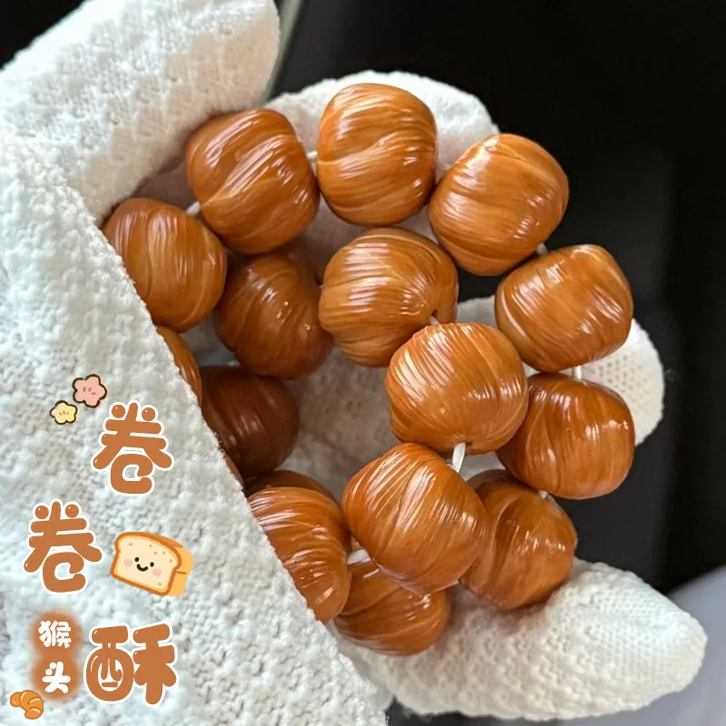 Yno Chinese Style Good Luck Hand Carved Monkey Head Walnut Bracelet Swirl Pattern Wenwan Prayer Beads Fortune Blessing Unisex