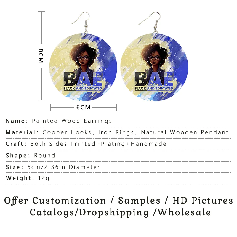 SOMESOOR Flight Like Melanins Afro Curly Wooden Drop Earrings BAE Black Girl Poppin Cancer Loops Pendant Dangle For Women Gifts