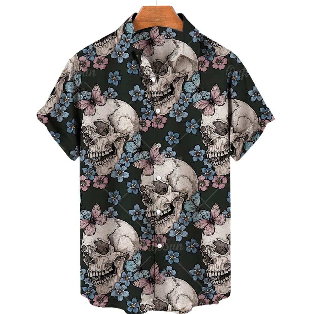 3D Printed Skull Hawaiian Floral Casual Shirt Men\'s Halloween Summer Short Sleeve Lapel Shirt Men\'s Hawaiian Short Sleeve XS-4XL