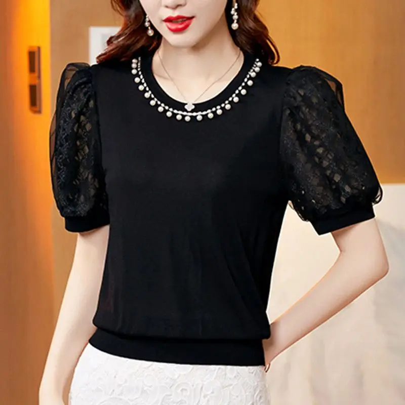 Fashion O-Neck Beading Lace Hollow Out Puff Sleeve Blouse Women Clothing 2023 Summer Oversized Casual Tops Office Lady Shirt