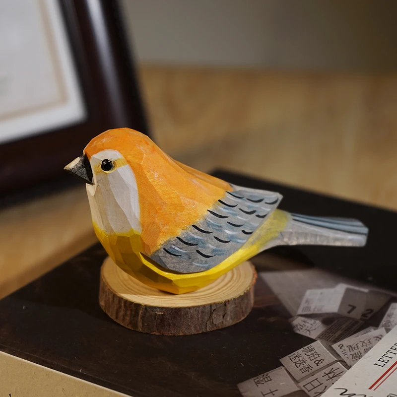 Hand-carved wood bird log wind cute simulation sparrow parrot animal tabletop ornament