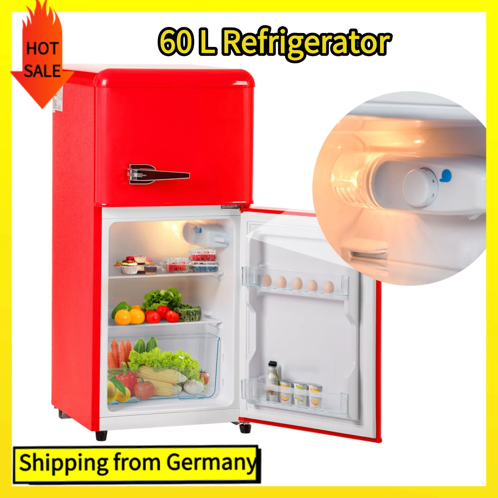 Comanlai 60L roter Kühlschrank, Kühlschrank-Gefrierschrank-Kombination, 22 L Gefrierschrank-Kapazität, mit zwei Türen und LED-Leuchten, [Energieklasse