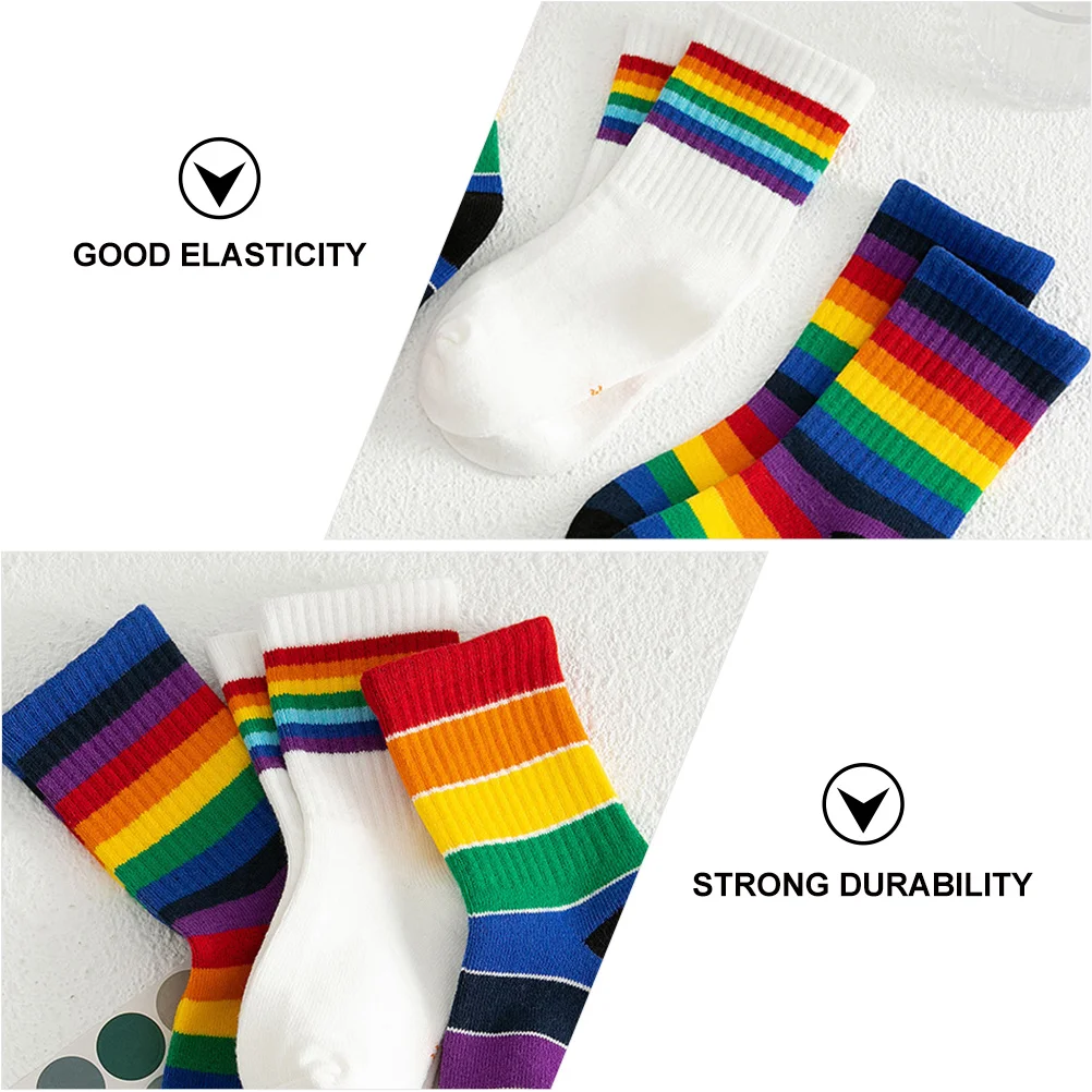 

Rainbow Striped Cotton For Kids Medium Tube Breathable Comfortable Mid Calf Daily Wear Socks Easy Clean Stylish Colorful