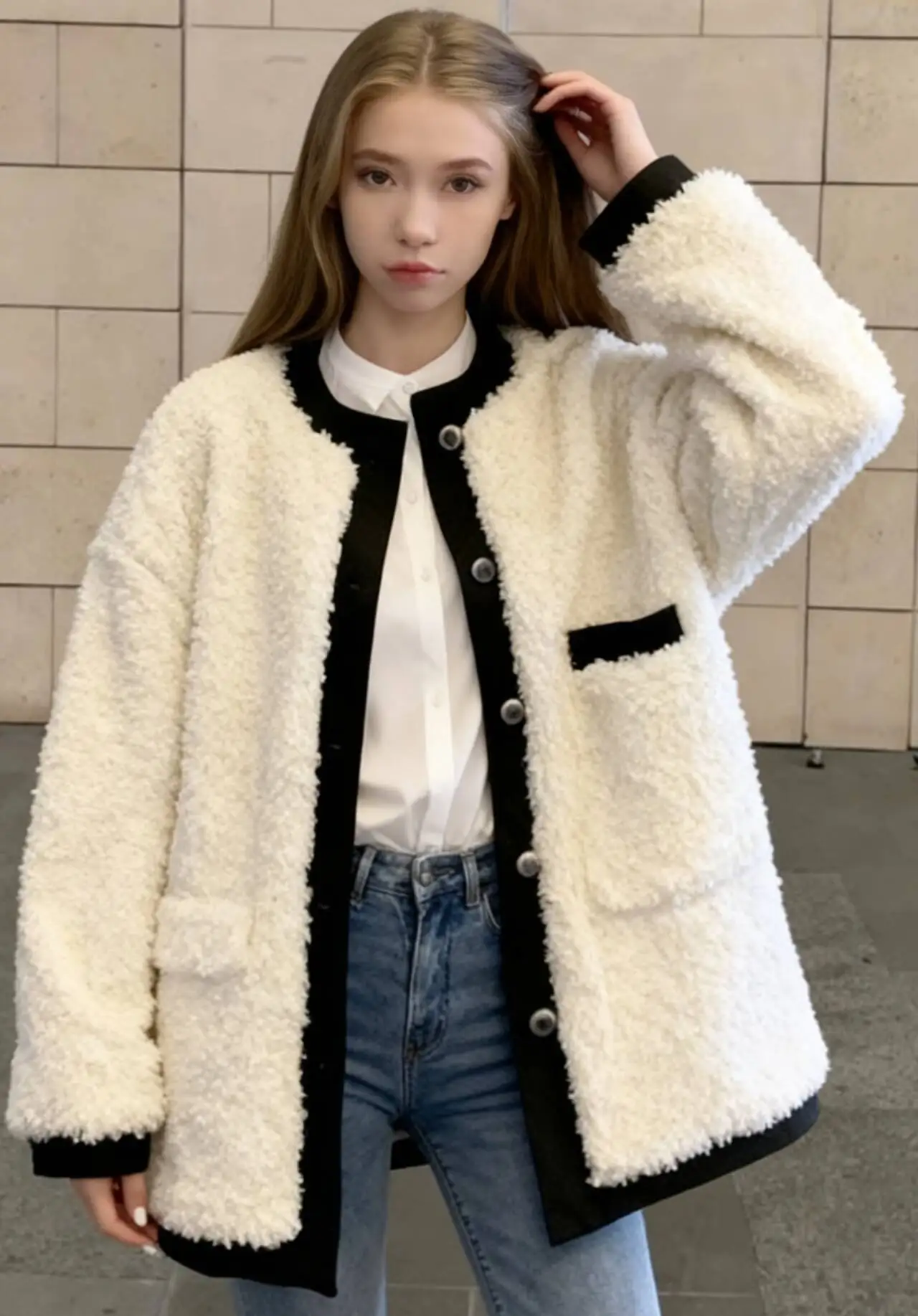 パーカー レディース 女性 冬 ポリエステル パッチワーク 縦型 オープンシルエット ルーズフィット ウエストバンド シック アーバン ユニーク ニュートラル マルチカラー