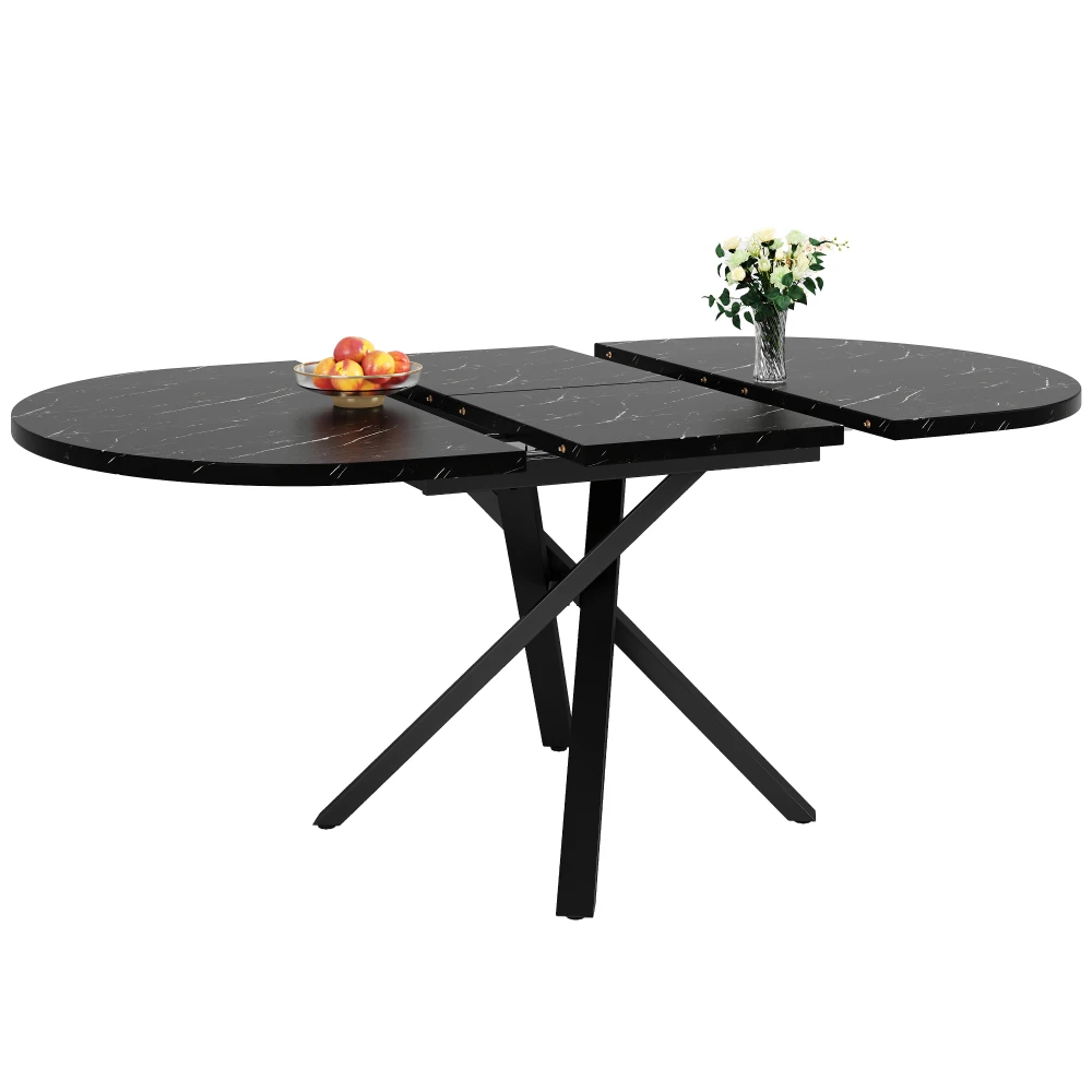 Nowoczesny rozkładany okrągły stół do jadalni - wygląd marmuru 100/140 cm, solidna czarna metalowa rama w kształcie litery X, stół oszczędzający miejsce o wysokości 75,5 cm — 2