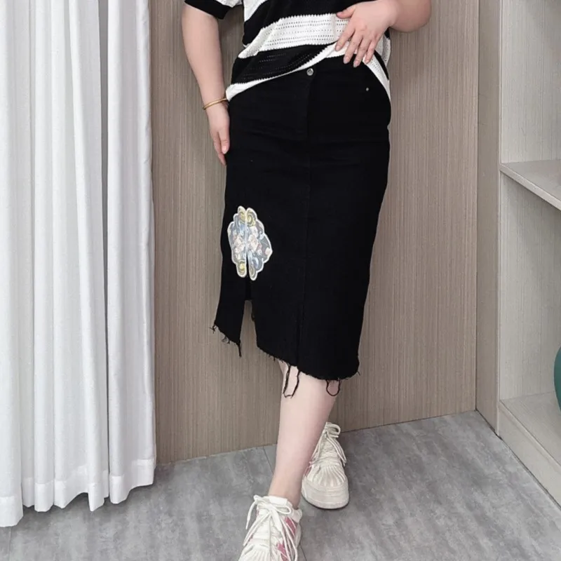 New Chinese Style Slit Denim Cotton Skirt Women Summer 2024 New Plus Size High Waist Slim Embroidery Stretch Skirt