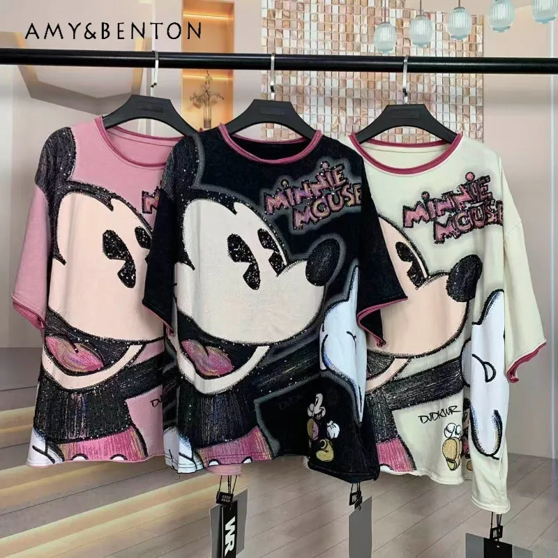 

Trendy Brand Summer New Heavy Craft Cartoon Sweet T-shirt Fashionable And Age-reducing Loose-fitting Short-sleeves Tshirts Women