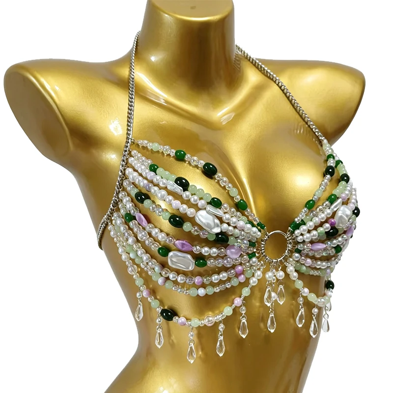 Handmade Music Festival Costume Mermaid Body Chain Jewelry Green Crystal Beaded Bra Top Ocean Pearl Gemstone Bralette