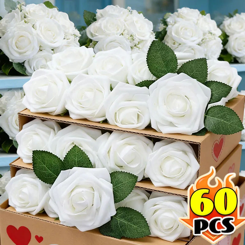 Rosa Artificial para Manualidades, Ramo de Boda, Regalo de Navidad o San Valentín, Flor de Espuma para Decoración de Fiestas, Cabeza de Rosa Artificial con Tallos