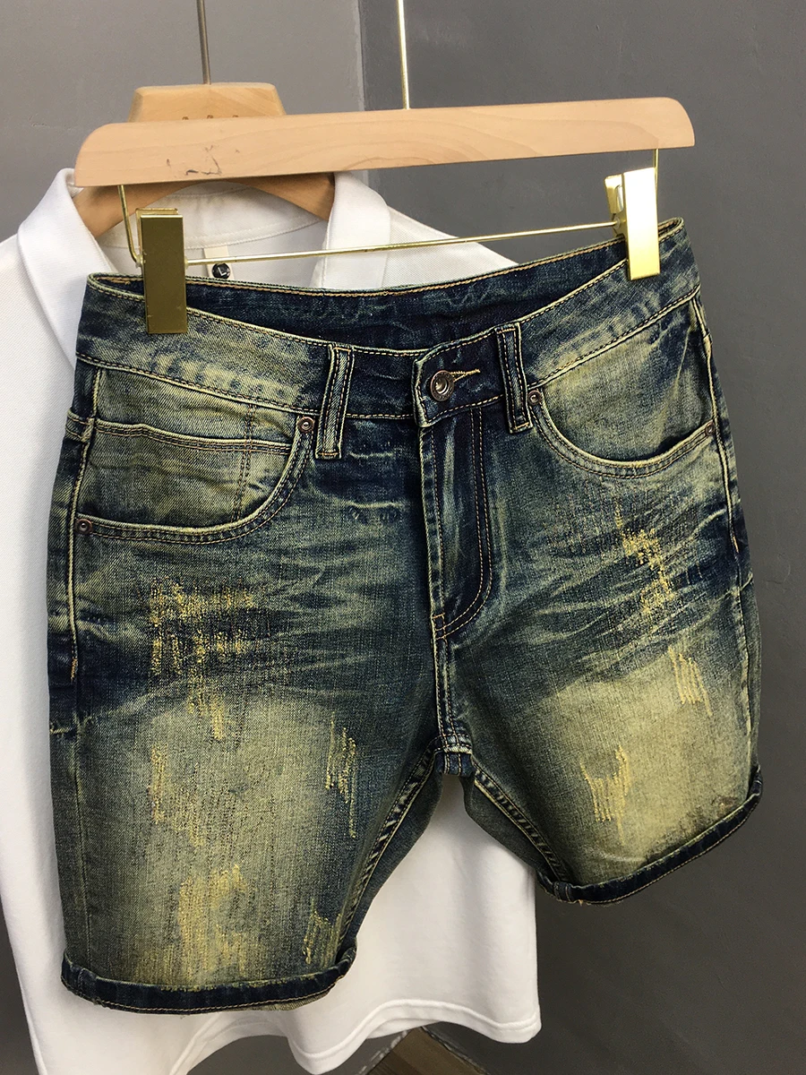 Vintage American Casual Denim Shorts for Men Summer Fashion Scratch Heavy Washed Half Jeans 24ss Y2k Youth Loose Straight Wear