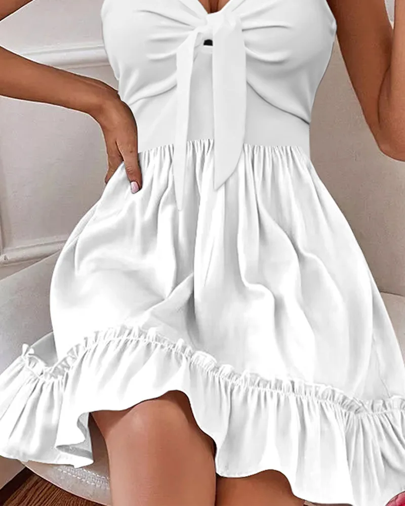 Summer Sexy Beach Style Dress Women Fashion Chain Decor Tied Halter Sleeveless Ruffles Casual Dress