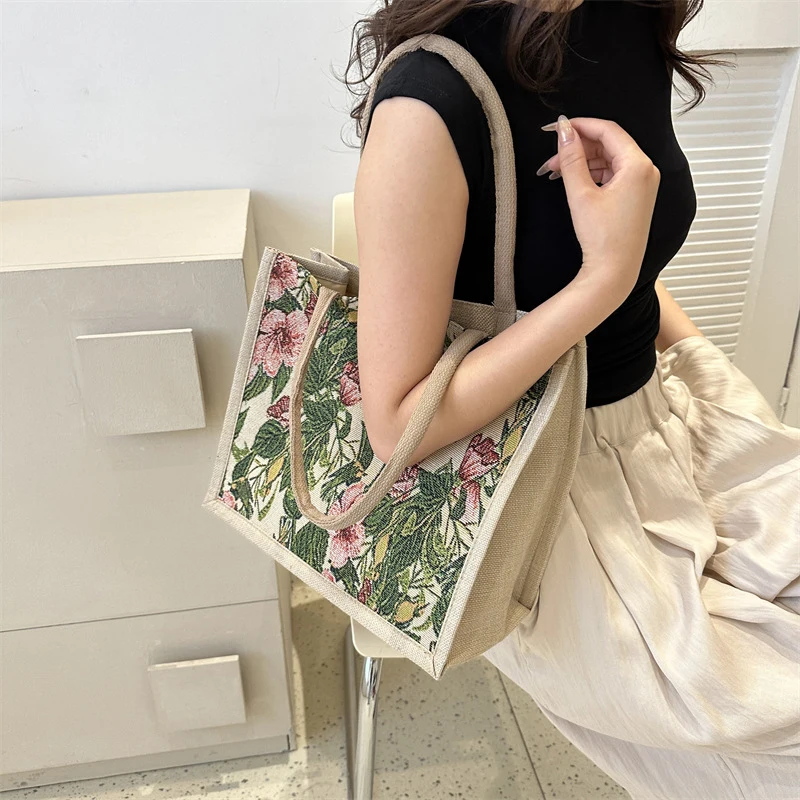 Linen Button Vintage Handbag Women Tote Large Capacity Grocery Bag Gift Bag Beach Organizer Portable Shopping Lunch Bag Retro