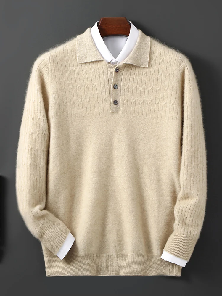 

New Men Leisure 100% Merino Wool Sweater Polo Collar Twisted Pullover Autumn Winter Cashmere Knitwear Casual Smart Soft Top