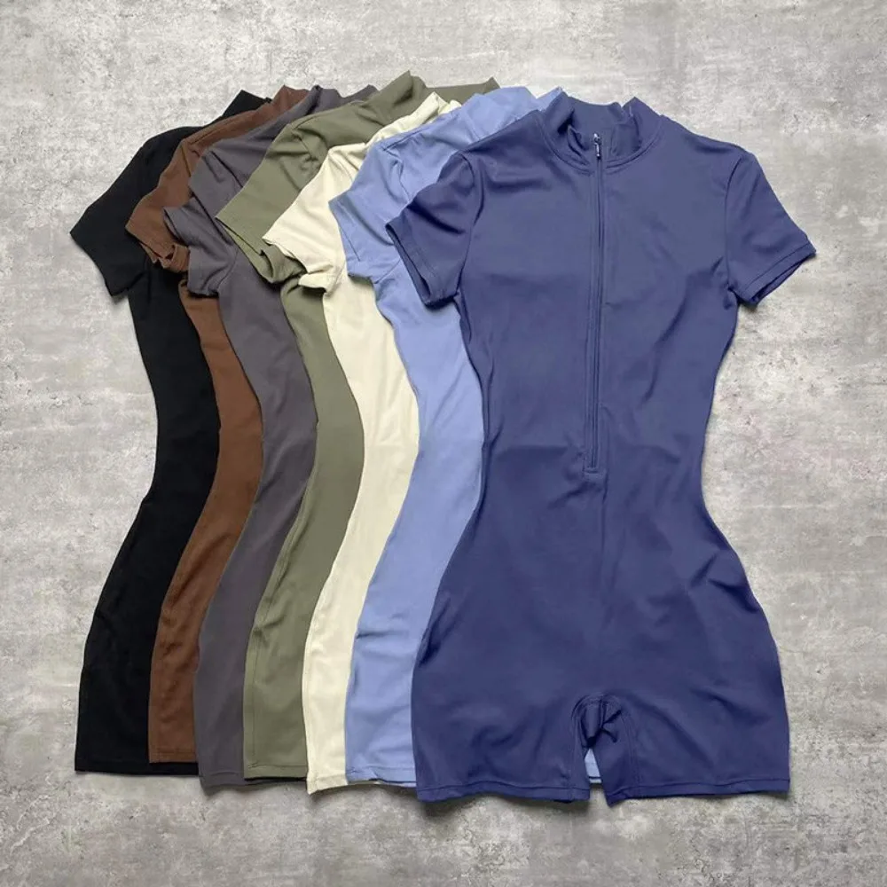 

Women's Zipper Short Sleeve Yoga Jumpsuit Slim Fit Workout Bodysuit