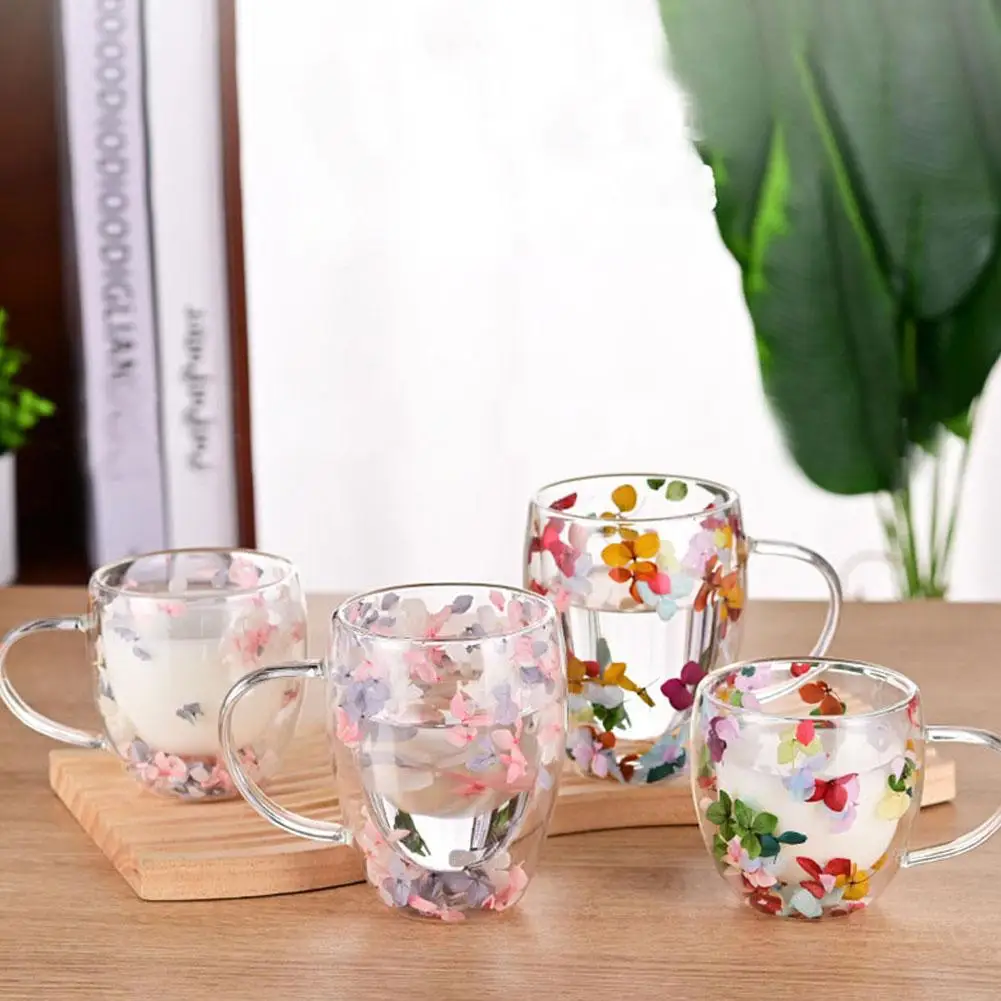 Creative Double Wall Glass Cup Dried Flower Filler Glass Cups Tea Coffee Cups Gifts High Borosilicate Glass Cups with Handles