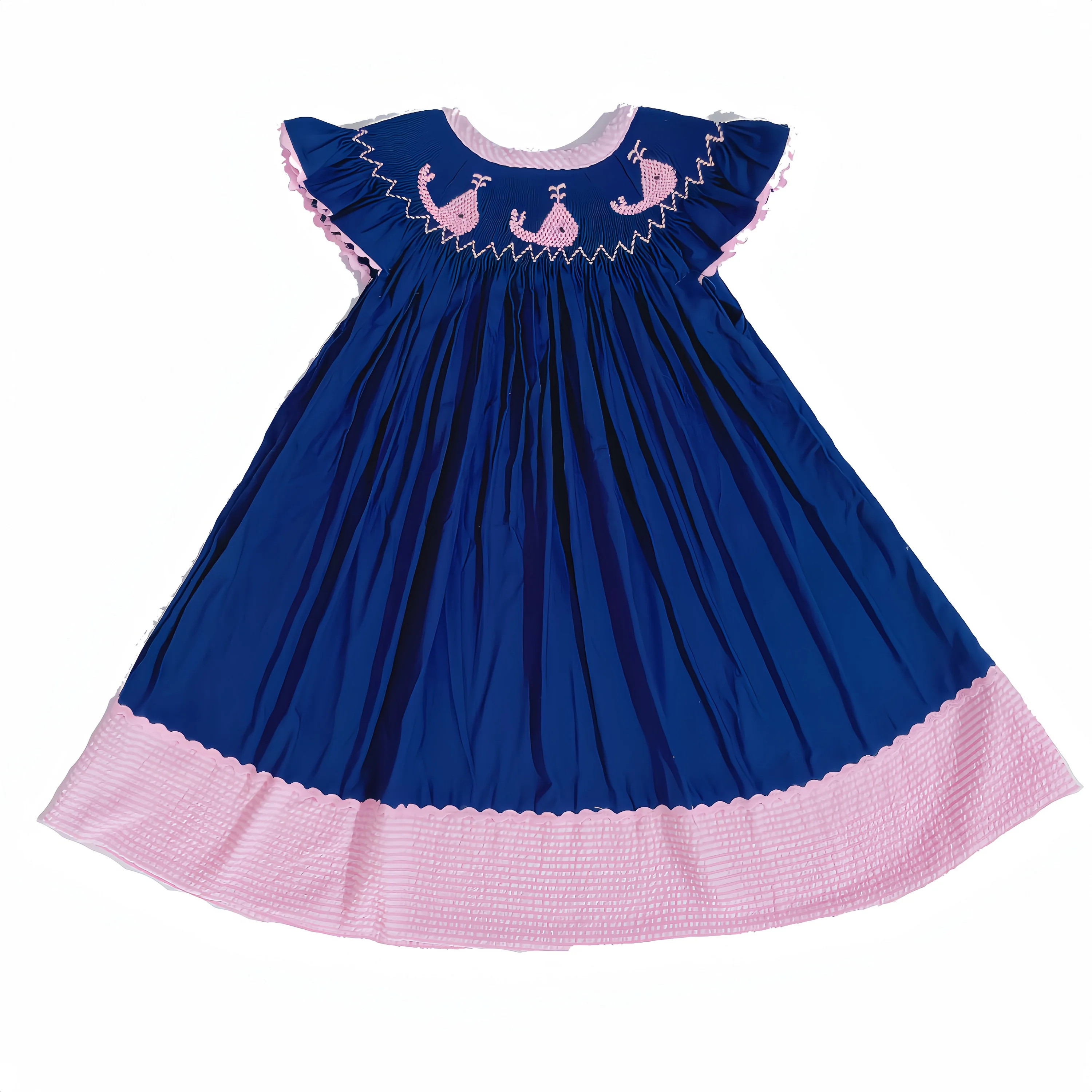 Dark blue stripe Whale design -smocked bishop dress Handmade Style