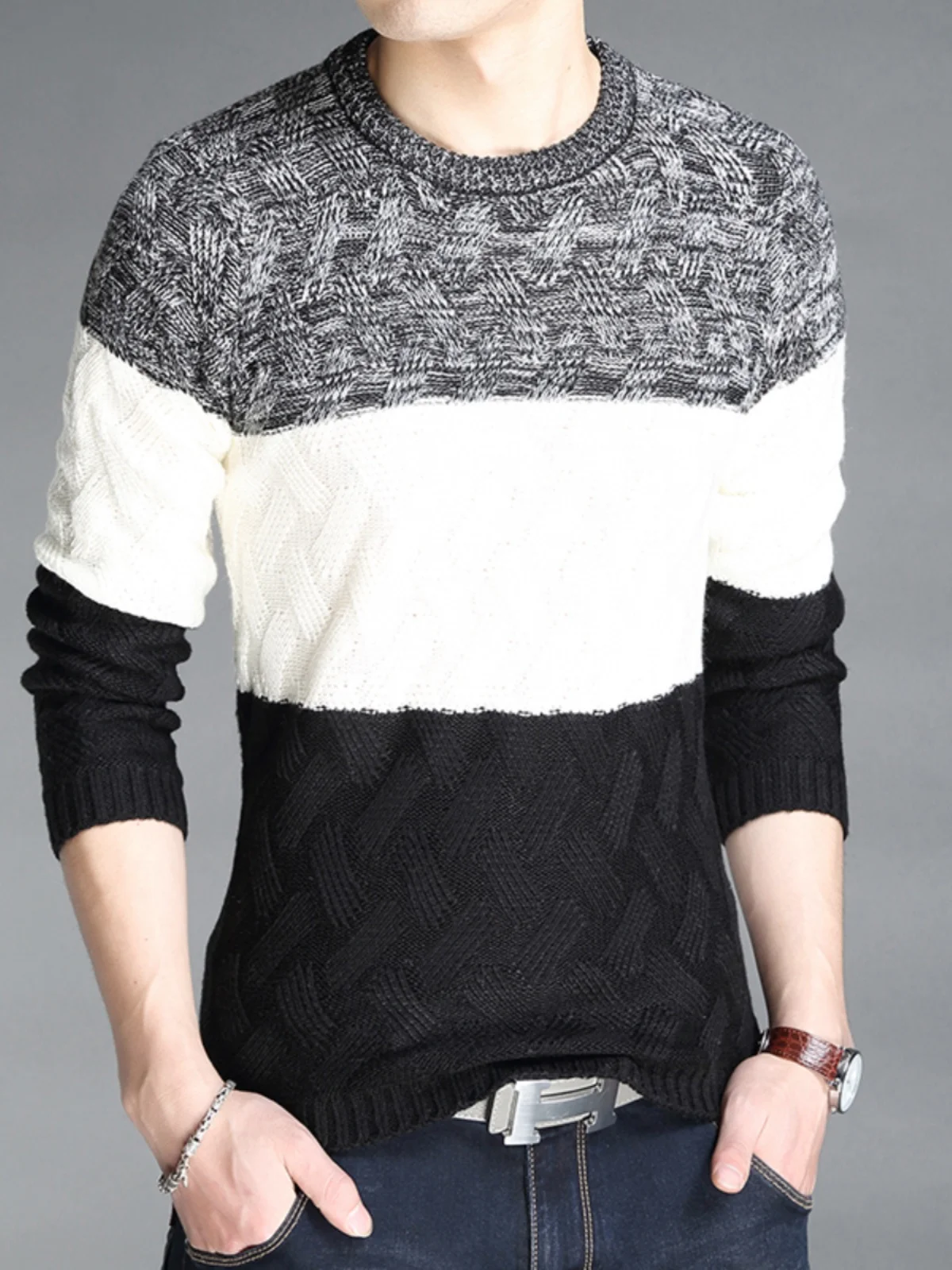 패셔너블한 니트 긴팔 라운드넥 풀오버 스웨터 남성용 슬림핏 컬러 블록 디자인 가을 겨울 캐주얼 탑